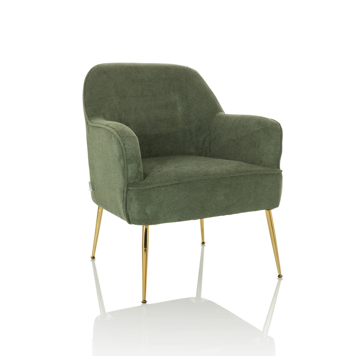 Groene Lounge stoel THASSOS met armleuningen en gouden metalen poten van hjh LIVING – 360-gradenweergave (schuin vooraanzicht 30°)