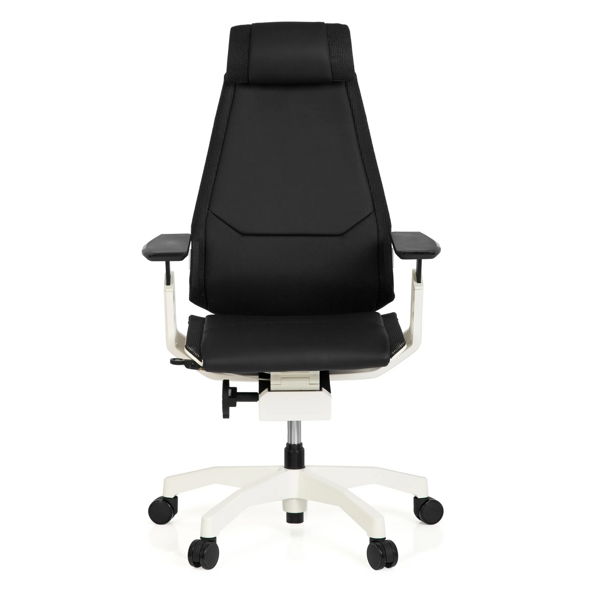 Zwarte High end bureaustoel GENIDIA PRO WHITE van leer met wit onderstel en vijf zwenkwielen van hjh OFFICE – 360-gradenweergave (vooraanzicht 0°)