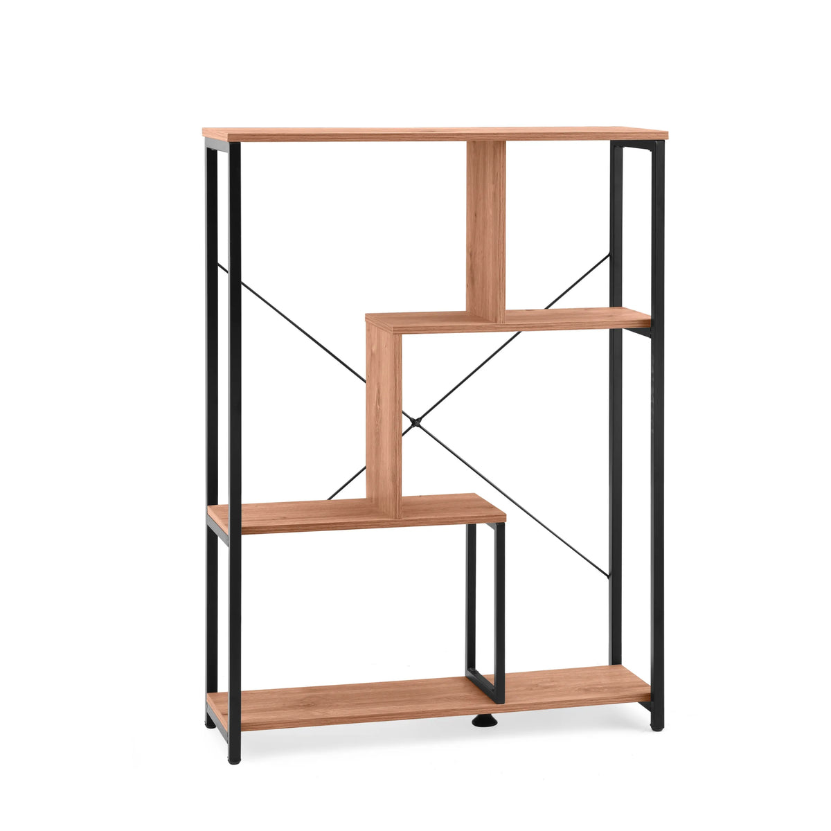 Plank Kalag Eco in zwart en eiken met asymmetrische planken en kruissteunen van hjh LIVING – 360-gradenweergave (vooraanzicht 15°)