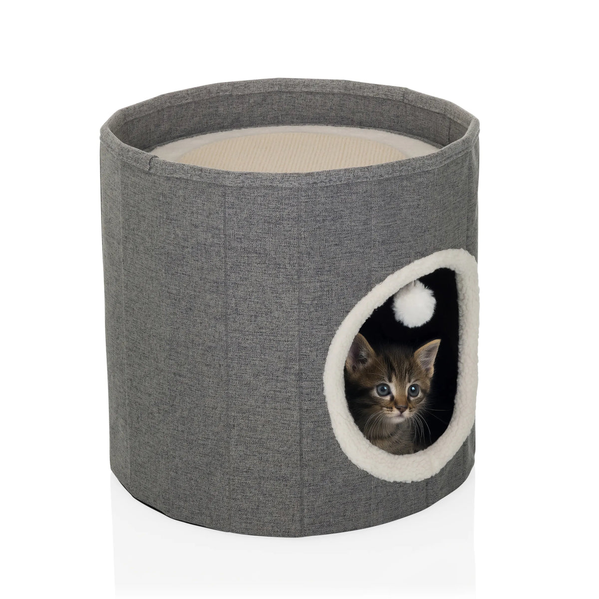 Grijze Kattengrot PAWY R met witte pluche rand bij de ingang en een klein speelballetje van hjh LIVING
