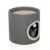 Grijze Kattengrot PAWY R met witte pluche rand bij de ingang en een klein speelballetje van hjh LIVING