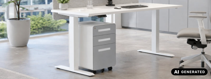 Ein Rollcontainer aus Metall steht unter einem weißen, ergonomischen Schreibtisch.