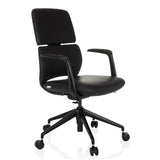 Zwarte Professionele bureaustoel ATMOS DESIGNER met armleuningen en vijfpoot met wieltjes van hjh OFFICE – 360-gradenweergave (schuin vooraanzicht 45°)