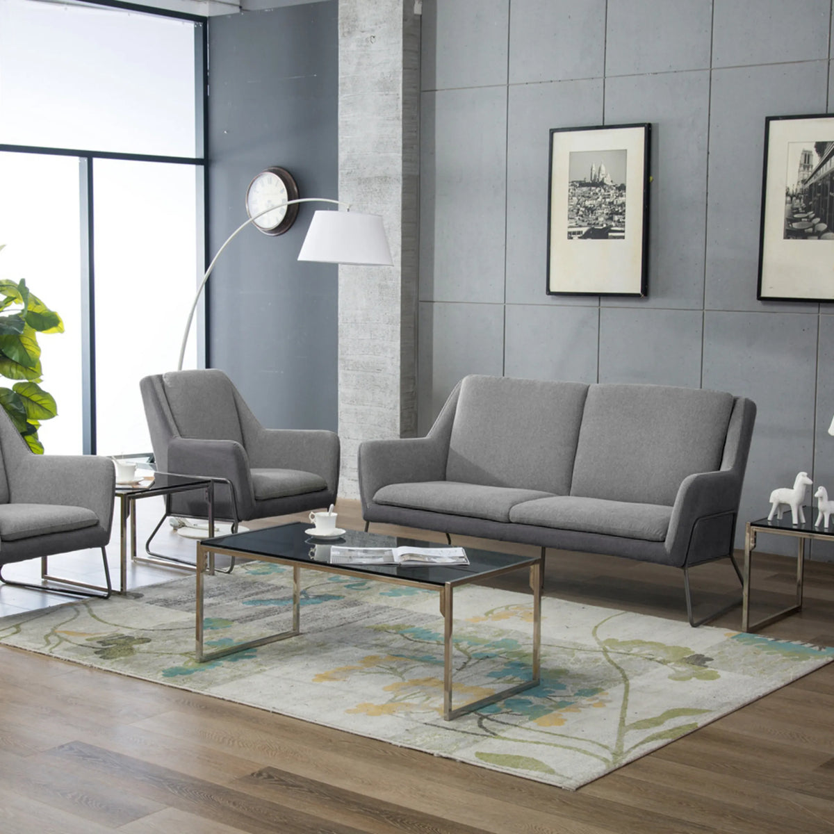 Lichtgrijze lounge bank LAGUN als driezitter met slanke metalen poten van hjh OFFICE