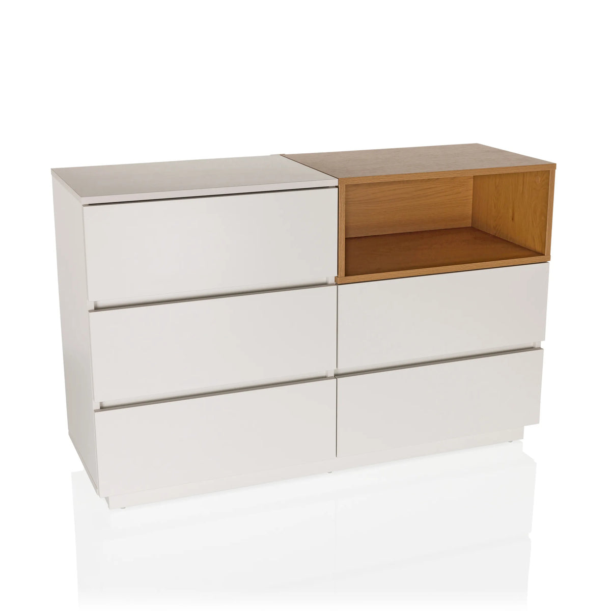Wit Dressoir MELMO S met eikenhouten accent en vijf lades van hjh LIVING – 360-gradenweergave (vooraanzicht 15°)