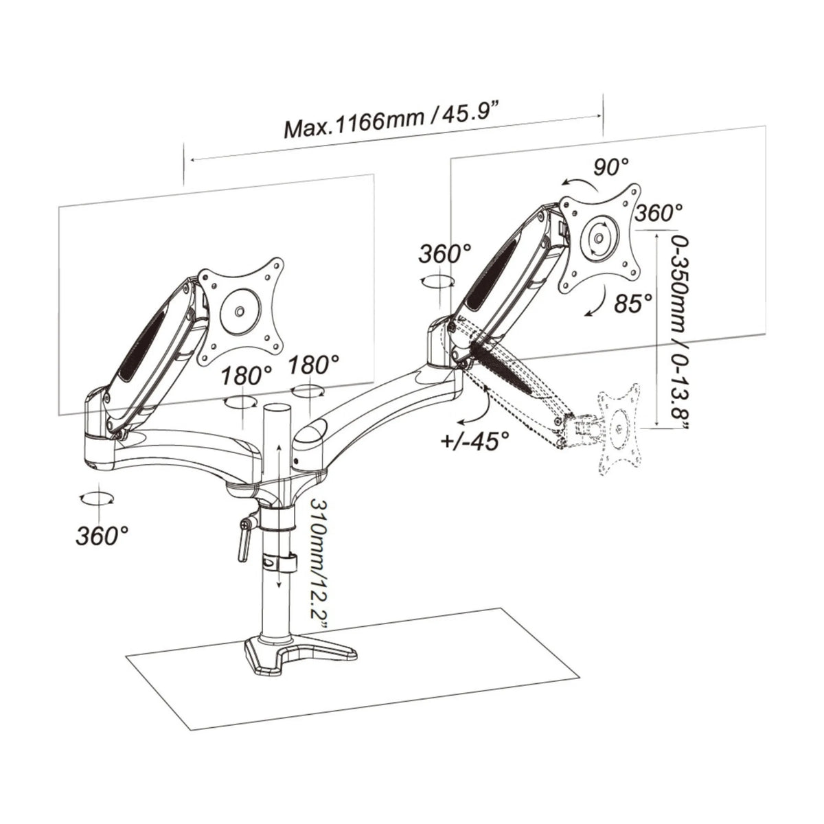 Technische tekening van de Monitorsteun VM-MG2 met een maximale breedte van 1166 mm van hjh OFFICE
