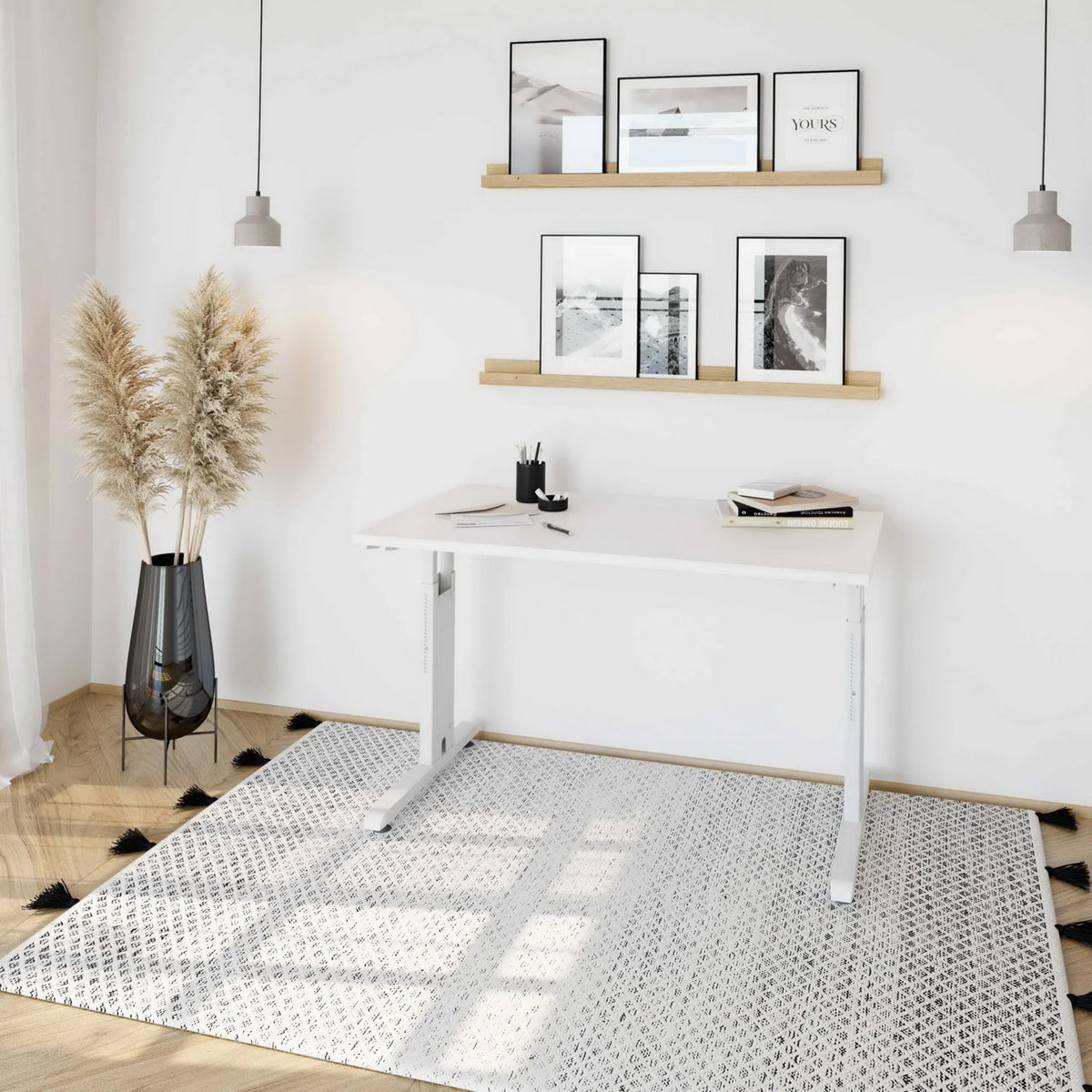 Hoogteverstelbaar bureau MEGA 612 W in het wit met een werkblad van 120 × 67 cm van hjh OFFICE PRO