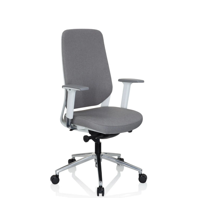 Professionele bureaustoel CHIARO T4 WHITE met grijze stoffen bekleding, witte armleuningen en zilverkleurig onderstel van hjh OFFICE