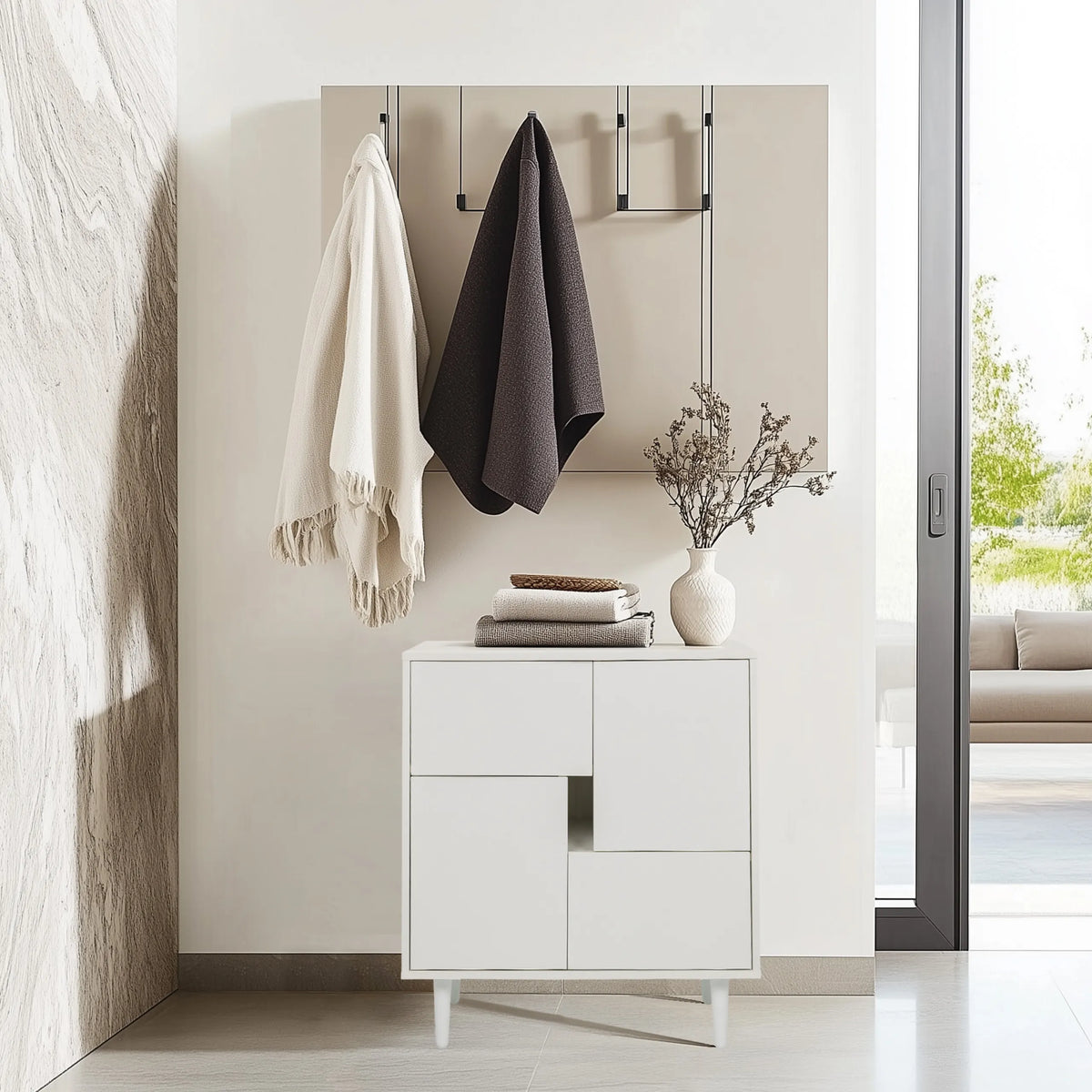 Witte Commode LYKKJA met asymmetrisch vakkenontwerp en vier poten van hjh LIVING