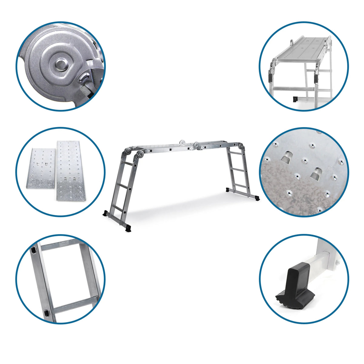 Aluminium klaptrap SOLID W3 met detailopnamen van de scharnieren, antislip treden en standvoeten van hjh OFFICE