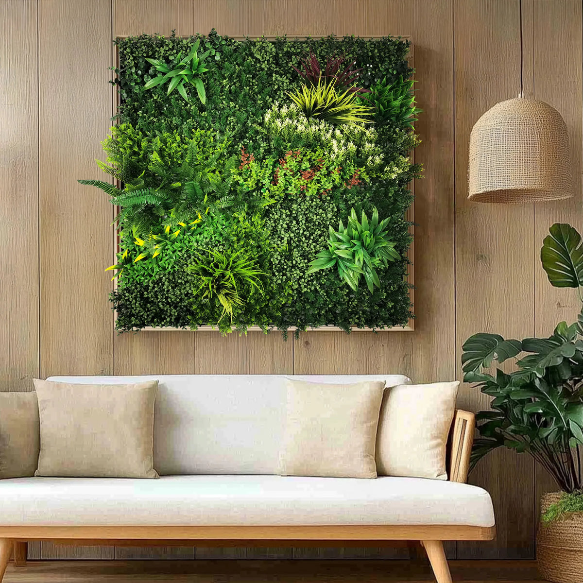 Groene Plantmat LEAFLUXE 3D met verschillende kunstplanten in een houten frame van hjh LIVING