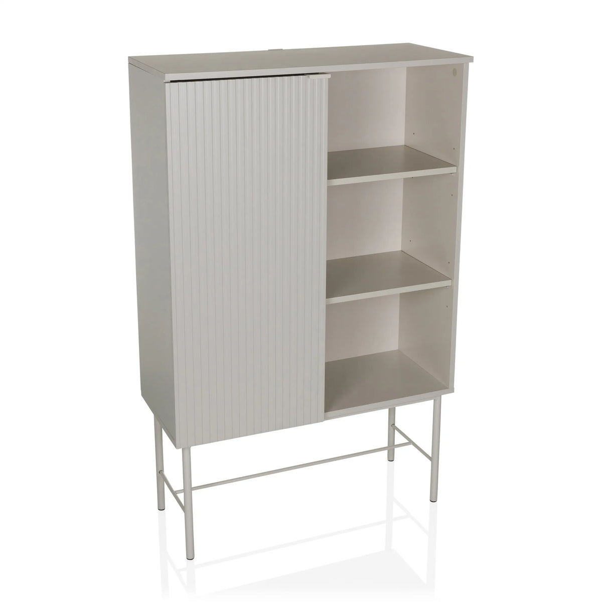 Grijze Plank SIO met een geribbeld deurvak, twee open planken en frame van hjh LIVING – 360-gradenweergave (vooraanzicht 15°)
