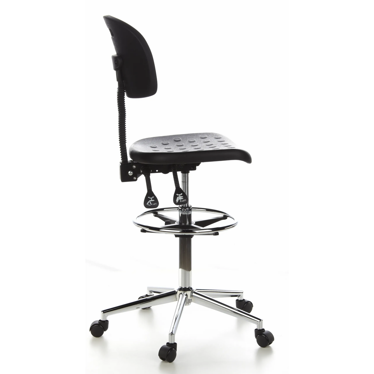 Zwarte Baliestoel TOP WORK 23 met voetring en vijfsterrenvoet met wielen van hjh OFFICE – 360-gradenweergave (zijaanzicht 100°)