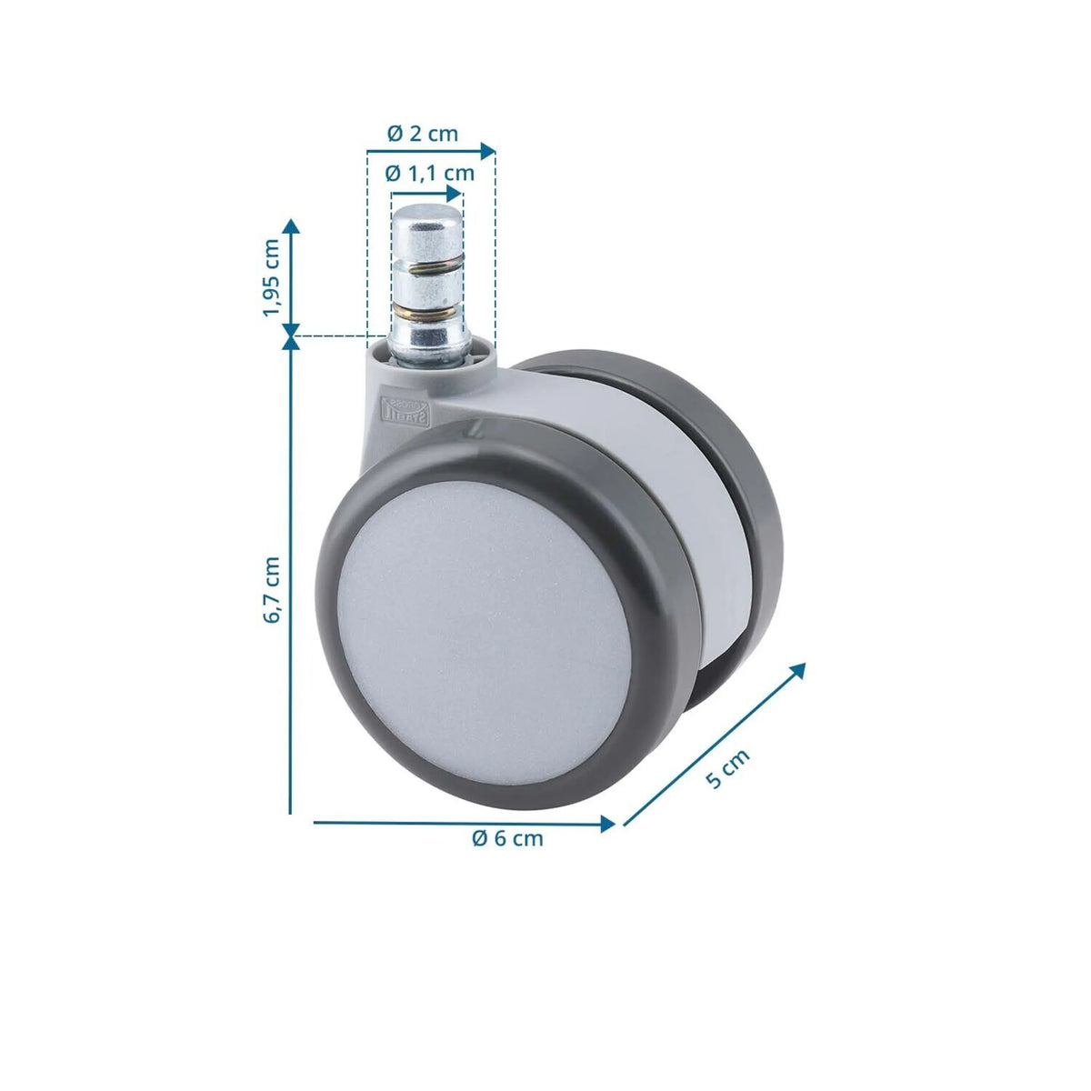 Maattekening van de 5x ROLO MOVE 60 11mm/60mm Bureaustoelwielen met een diameter van 6 cm en een hoogte van 6,7 cm van hjh OFFICE