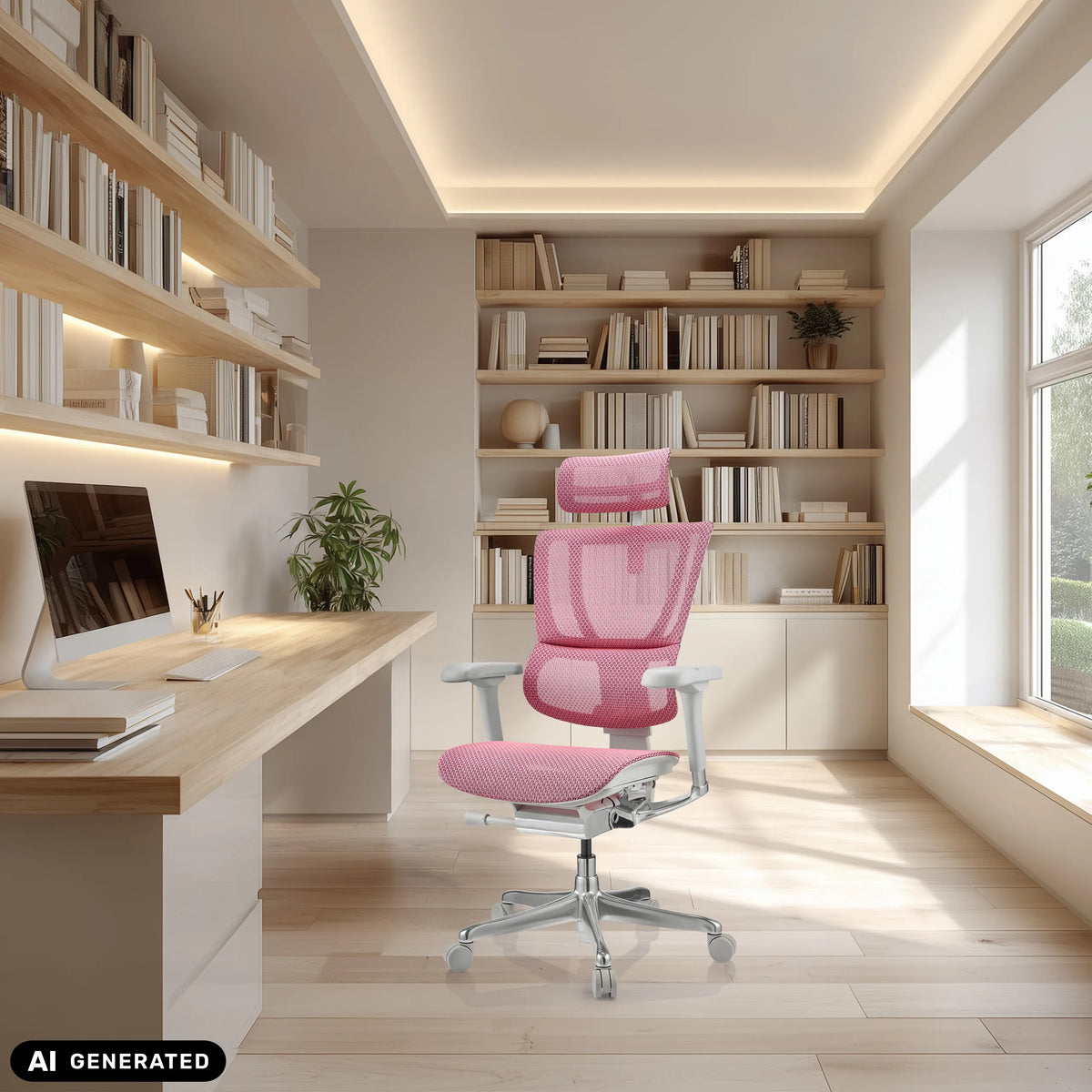 Roze luxe directiestoel ERGOHUMAN SLIM G GEN2 met netrug in een licht kantoor van hjh OFFICE (AI-gegenereerde afbeelding)