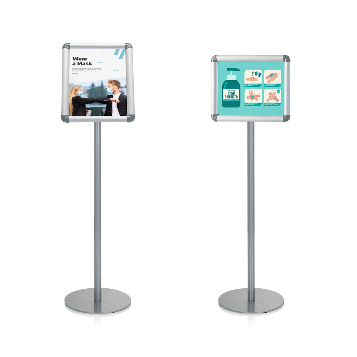 Twee zilveren AGENDA I posterstandaarden met ronde voetplaten en frames voor informatieposters van hjh OFFICE