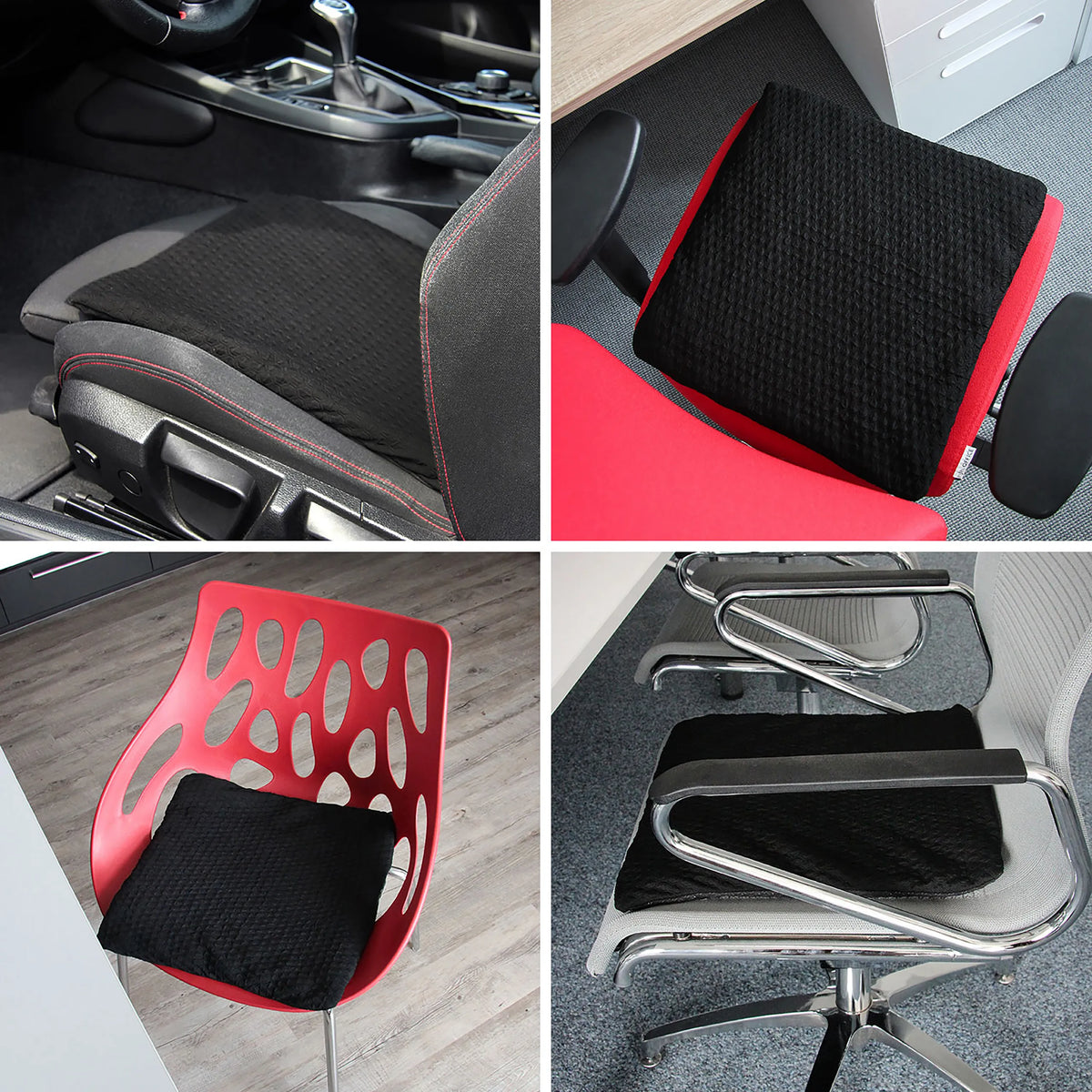 Zwart Zitkussen MEDISIT I in verschillende gebruikssituaties op stoelen en een autostoel van hjh OFFICE