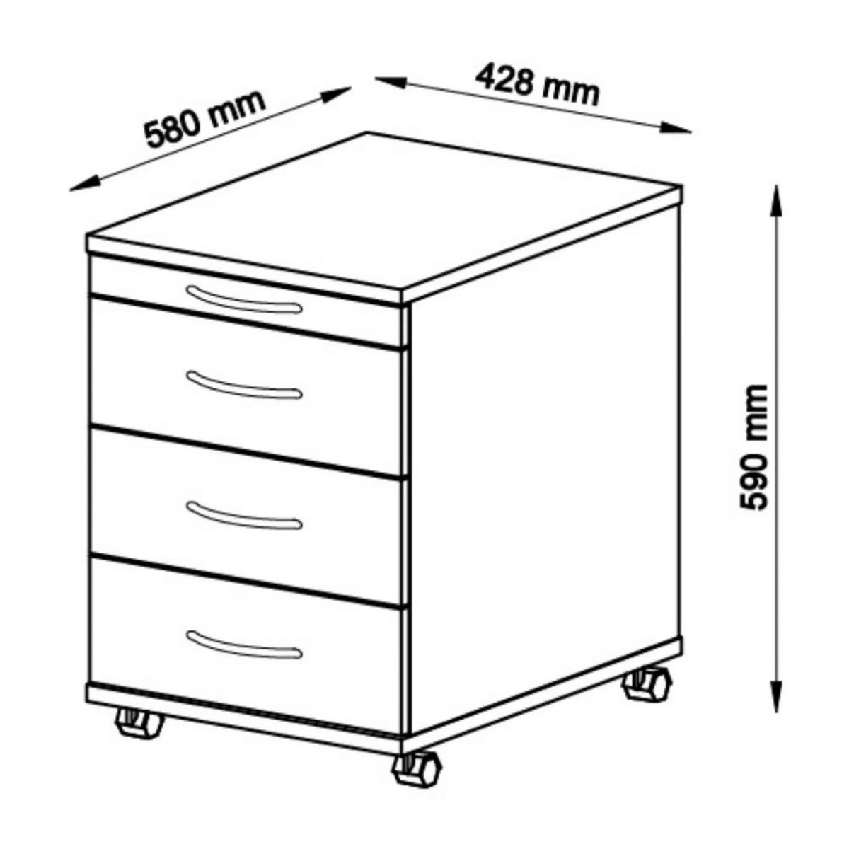 Technische tekening van de BARI 1606 onderkast, 580 × 428 mm, van hjh OFFICE PRO