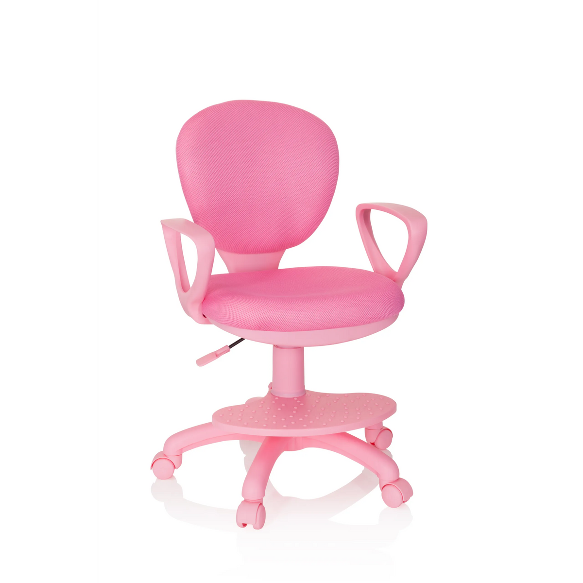 Roze Kinder bureaustoel KID COLOUR met armleuningen en vijfsterrenvoet met rolletjes van hjh OFFICE – 360-gradenweergave (vooraanzicht 20°)