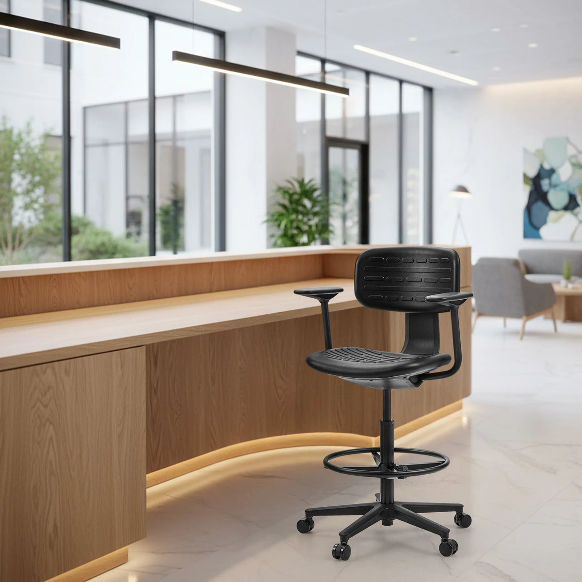 Zwarte Baliestoel TOP WORK B1 met voetring en zwenkwielen van hjh OFFICE