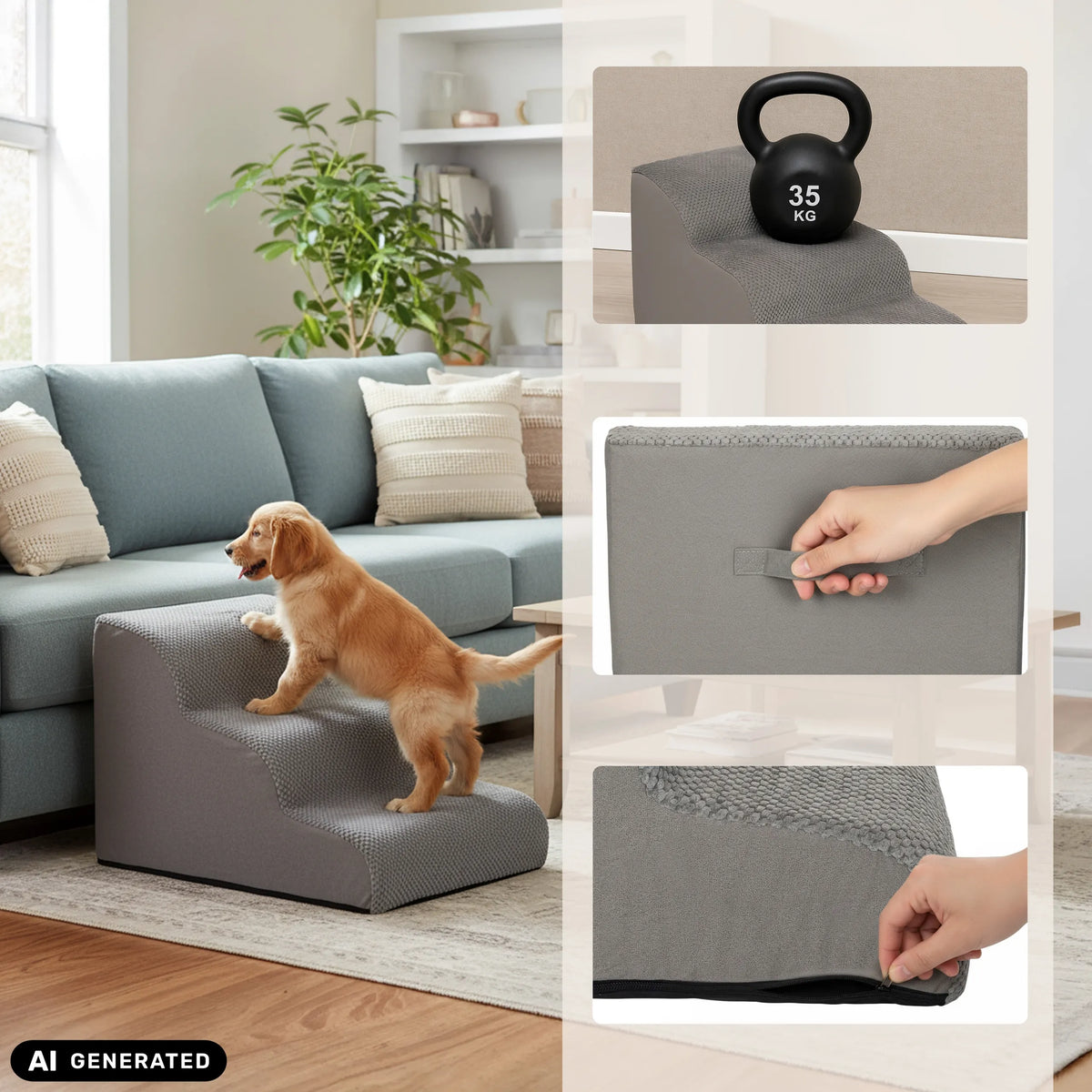 Grijze trap voor huisdieren PAWY STEP 3 met handvat, rits en belastingstest van hjh LIVING (AI-gegenereerde afbeelding)