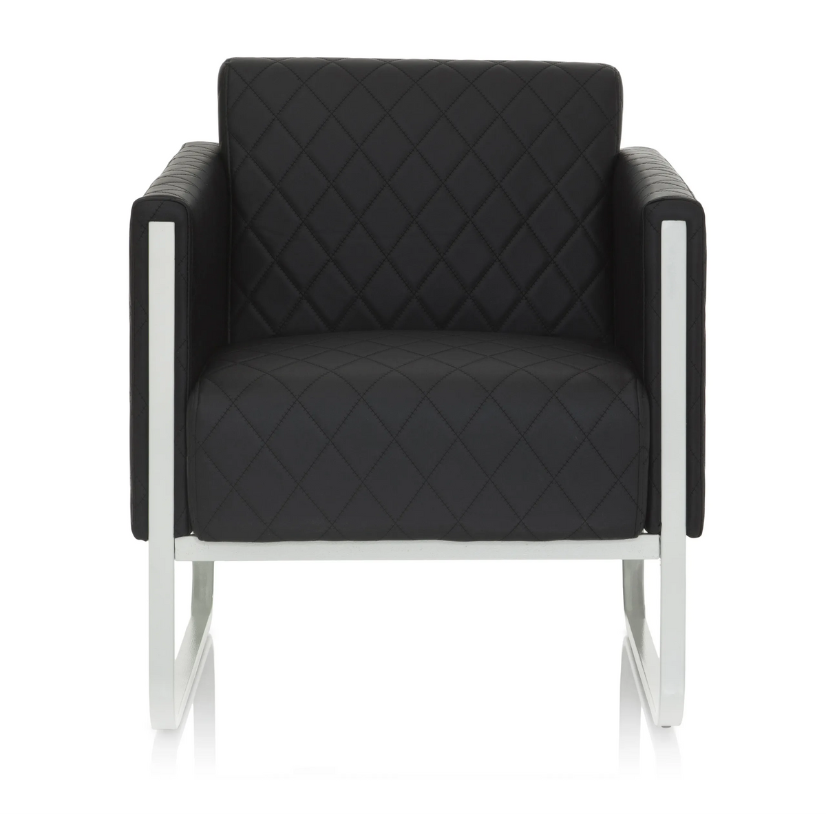 Zwarte gestoffeerde fauteuil ARUBA STEP met ruitstiksel en zilverkleurig frame van hjh OFFICE – 360-gradenweergave (vooraanzicht 0°)