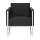Zwarte gestoffeerde fauteuil ARUBA STEP met ruitstiksel en zilverkleurig frame van hjh OFFICE – 360-gradenweergave (vooraanzicht 0°)