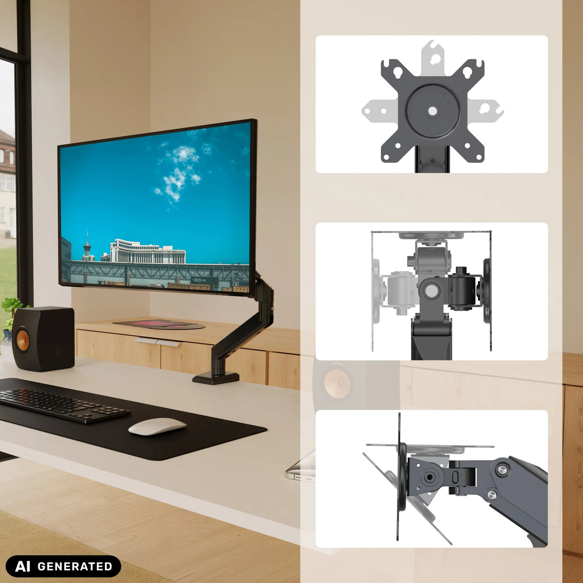 Ergomount GF1 monitorsteun met VESA-adapterplaat en gewrichtsmechanismen van hjh OFFICE (AI-gegenereerde afbeelding)