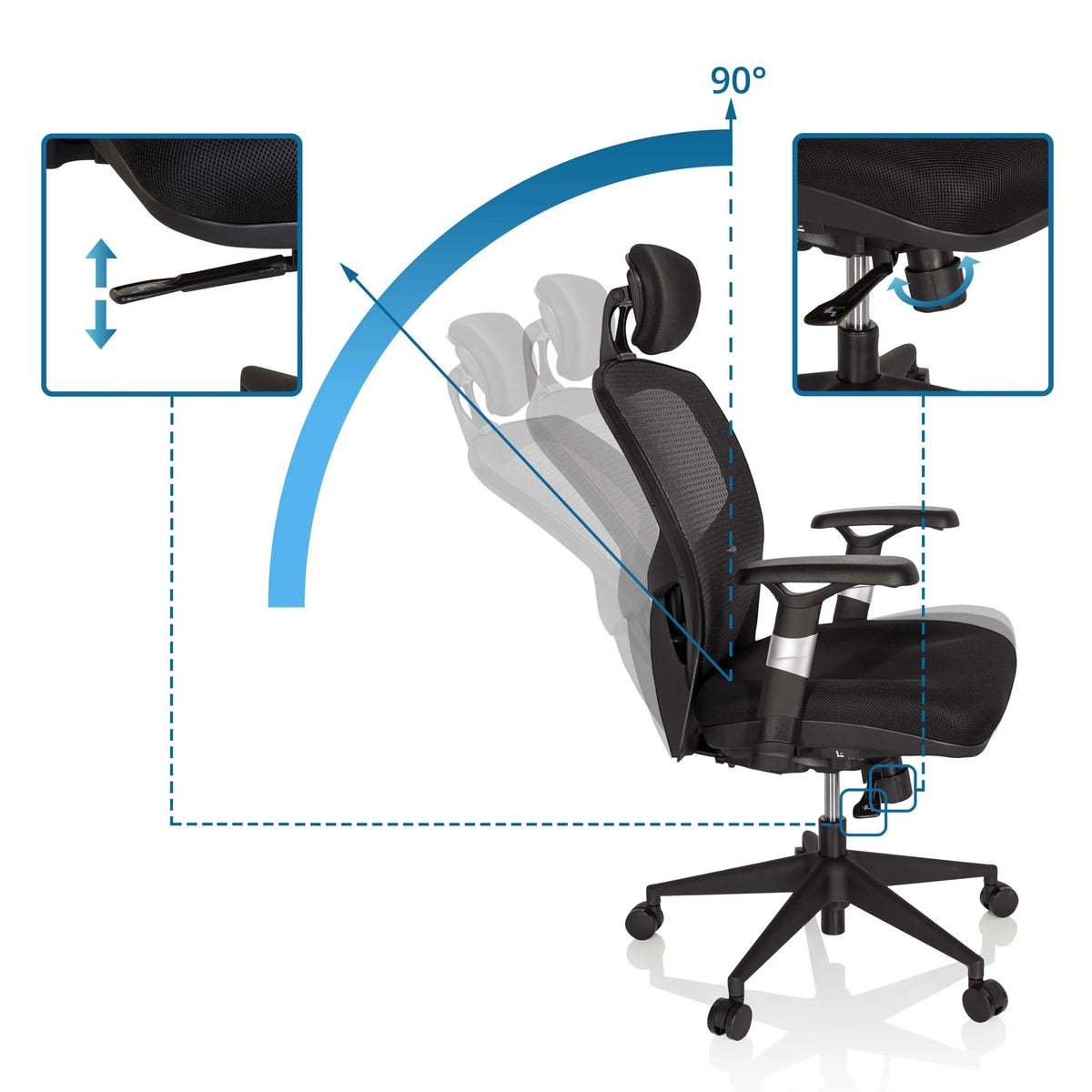 Verstelbare rugleuning met 90°-hoek van de High end bureaustoel VENUS BASE in zwart van hjh OFFICE