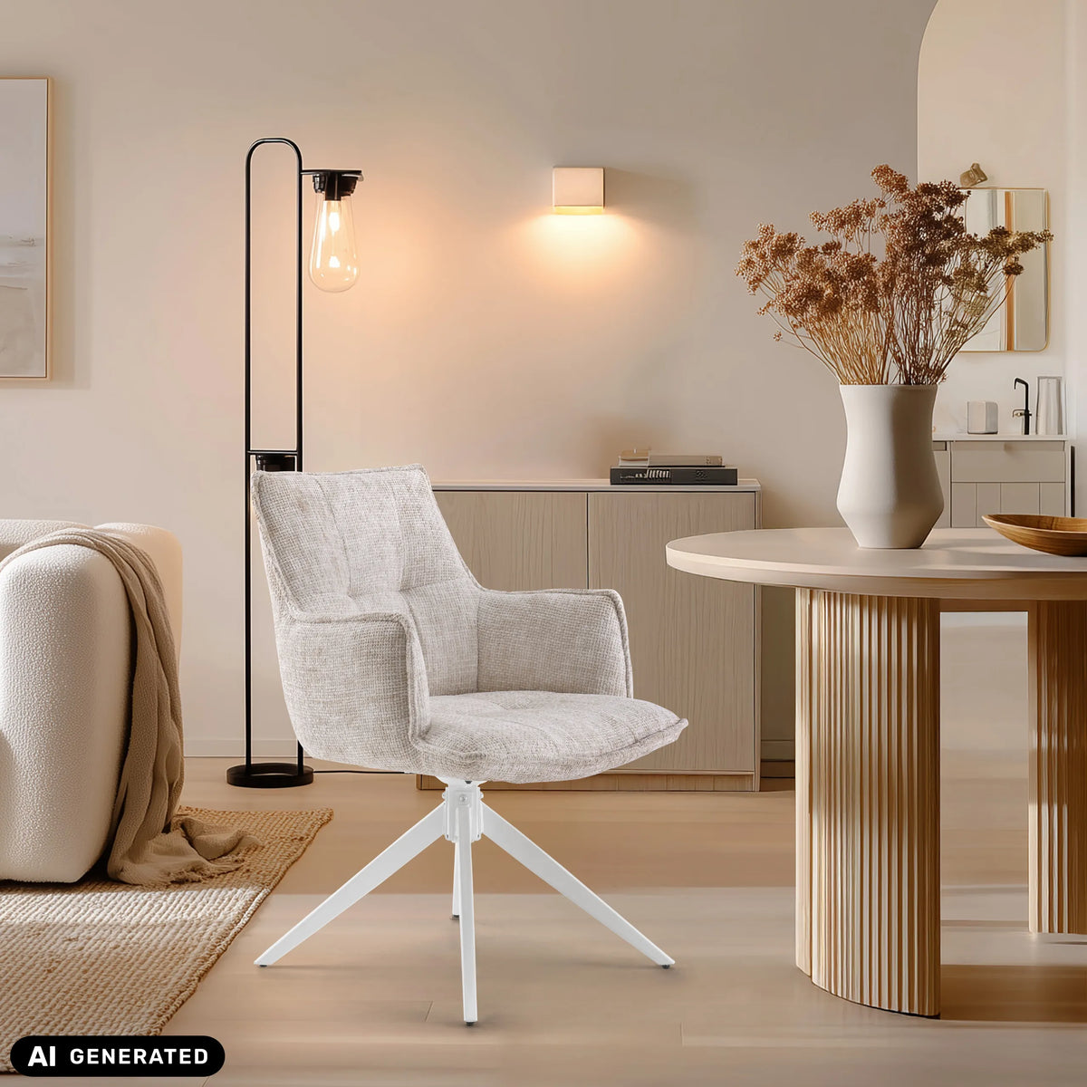 Beige Tavaro eetkamerstoel met wit stervormig onderstel van hjh LIVING (AI-gegenereerde afbeelding)