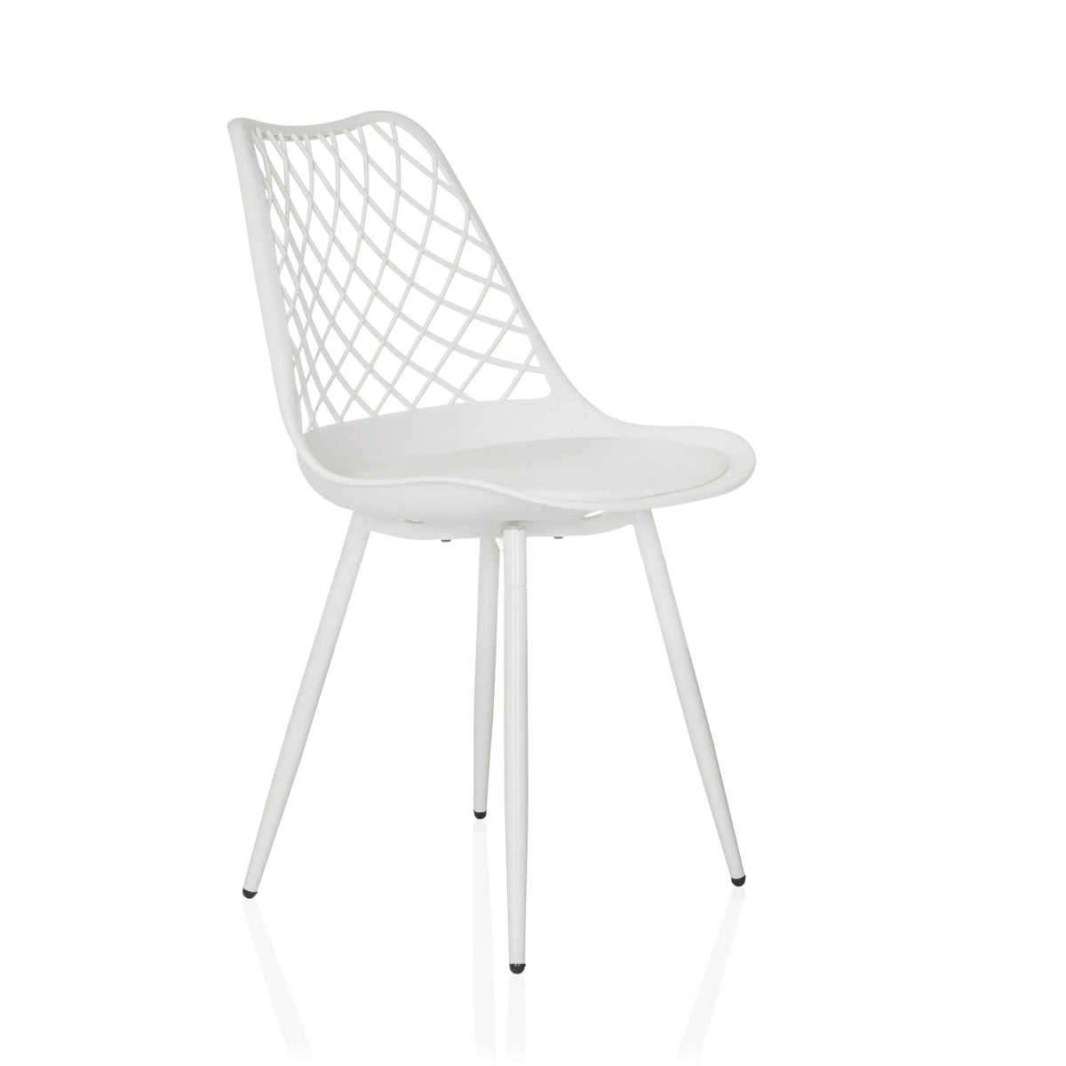 Witte Outdoor stoel BEGIO S met een rastervormige rugleuning en vier poten van hjh LIVING – 360-gradenweergave (schuin vooraanzicht 45°)