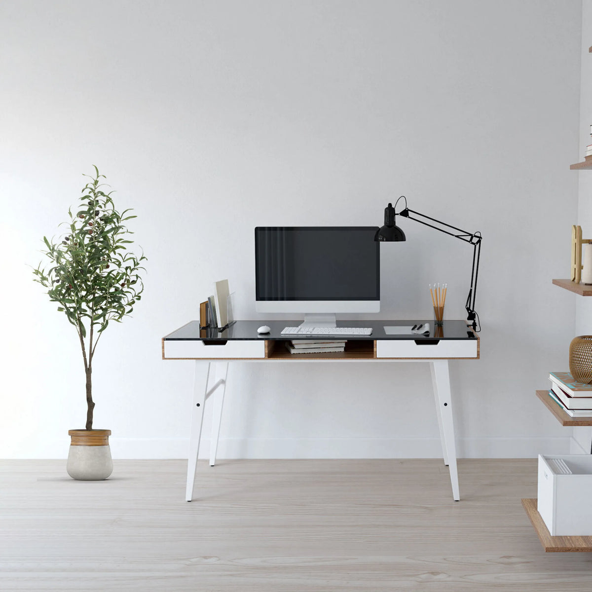 Kunstplant OLIVE in groene kleur met een witte pot van hjh OFFICE