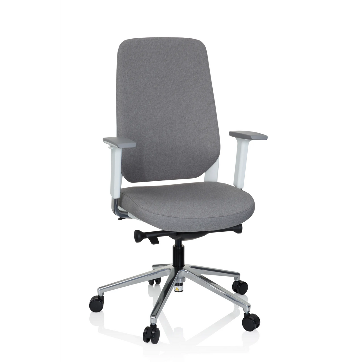 Grauer Profi-Bürostuhl CHIARO T4 WHITE mit Armlehnen und einem Fußkreuz mit fünf Rollen von hjh OFFICE – 360-Grad-Ansicht (Frontansicht 20°)