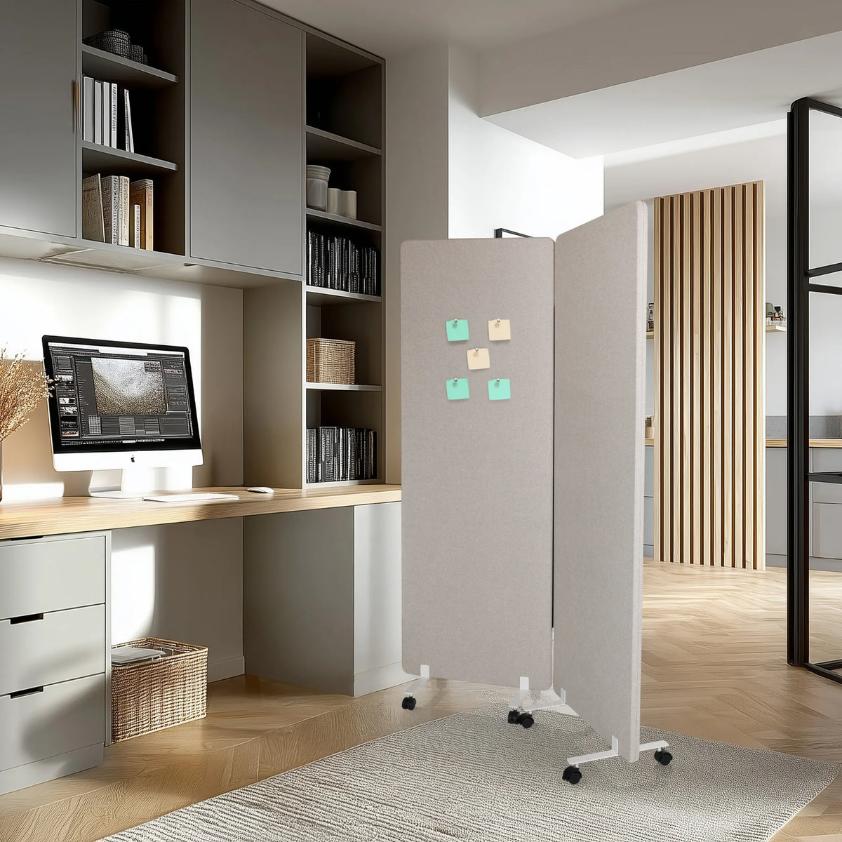 Grijze scheidingswand FLEXMIUT 1 als mobiele set van twee elementen op wieltjes van hjh OFFICE