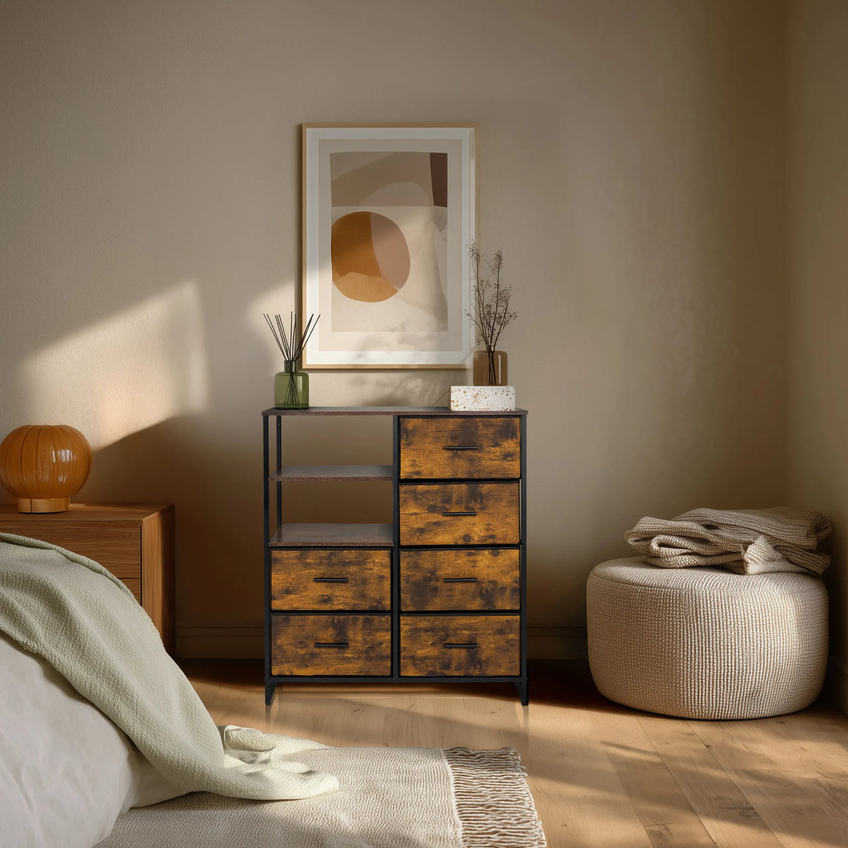 Commode RAGALA in gerookt eiken met zwart metalen frame en zes lades van hjh LIVING