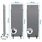 Maattekening van de Scheidingswand FLEXMIUT met 177 × 60 cm en zwenkwielen van hjh OFFICE