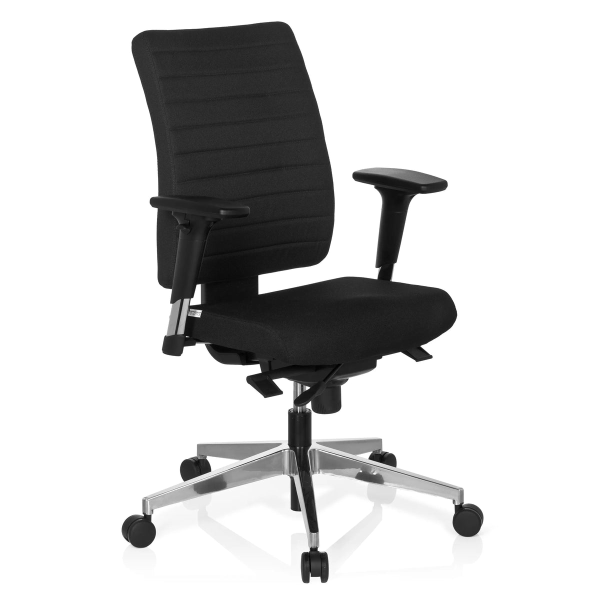 Zwarte Professionele bureaustoel PRO-TEC 350 met armleuningen en zilverkleurig vijfster-onderstel van hjh OFFICE – 360-gradenweergave (schuin vooraanzicht 40°)