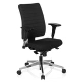 Zwarte Professionele bureaustoel PRO-TEC 350 met armleuningen en zilverkleurig vijfster-onderstel van hjh OFFICE – 360-gradenweergave (schuin vooraanzicht 40°)