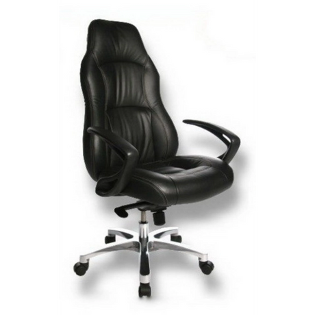 Luxe directiestoel OFFICE RS1 met zwarte lederen bekleding en zilverkleurige stervormige voet van Topstar