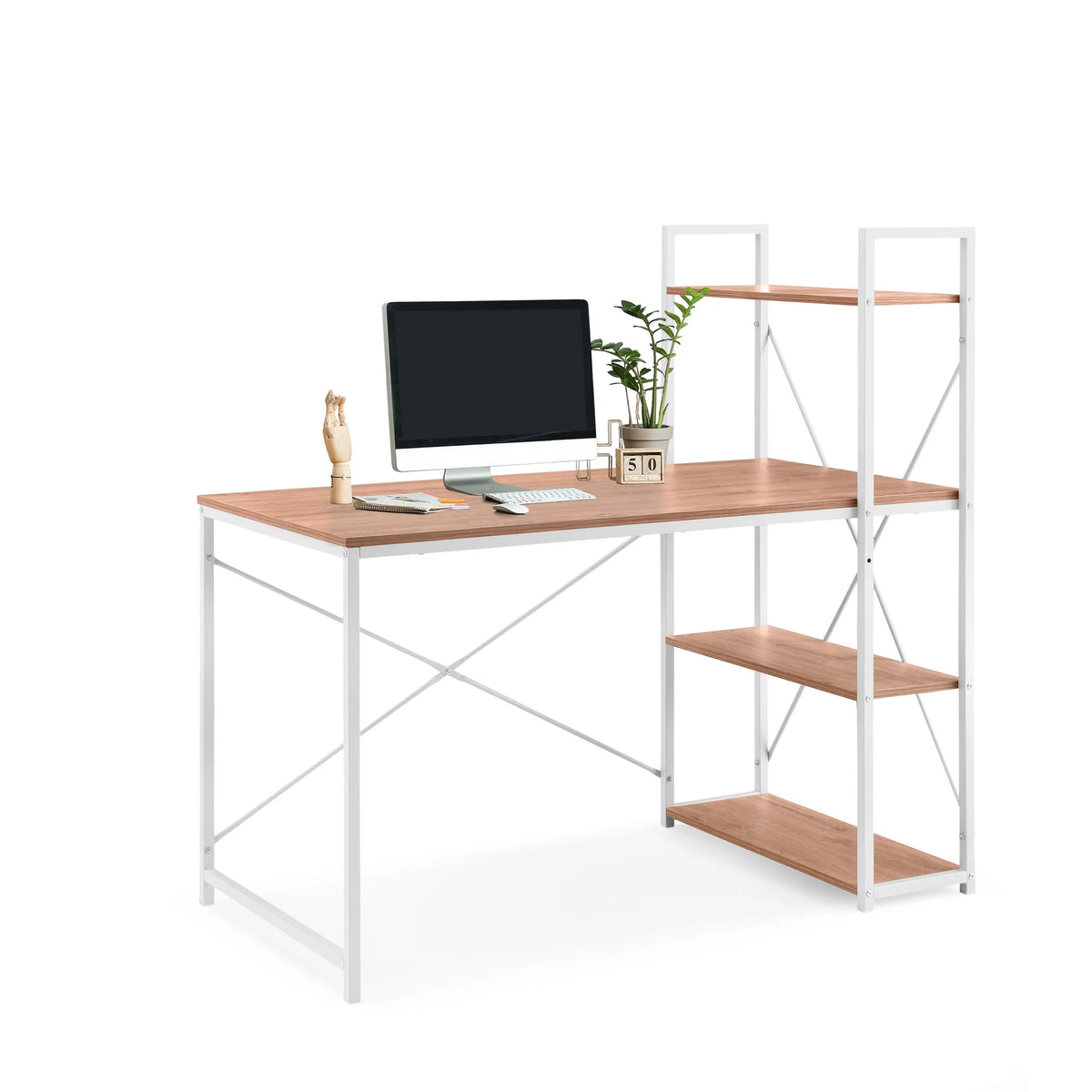 Bureau Easy Up3 in wit en eiken met geïntegreerd rek en drie aflegvlakken van hjh LIVING