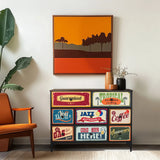 Commode AMERIKO B met kleurrijke retro-motief lades en een zwart frame van hjh LIVING