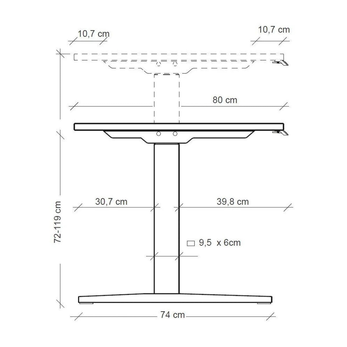 Maßzeichnung des elektrisch höhenverstellbaren Schreibtischs XMKA 19 S mit einer Tiefe von 80 cm von hjh OFFICE PRO