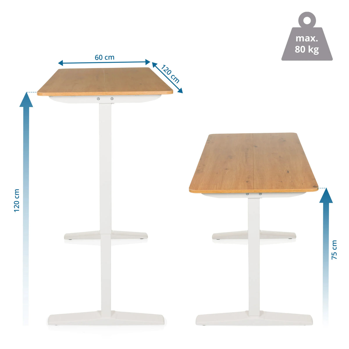 Maattekening van het Elektrisch in hoogte verstelbaar bureau STAND BASIC van 120 x 60 cm van hjh OFFICE