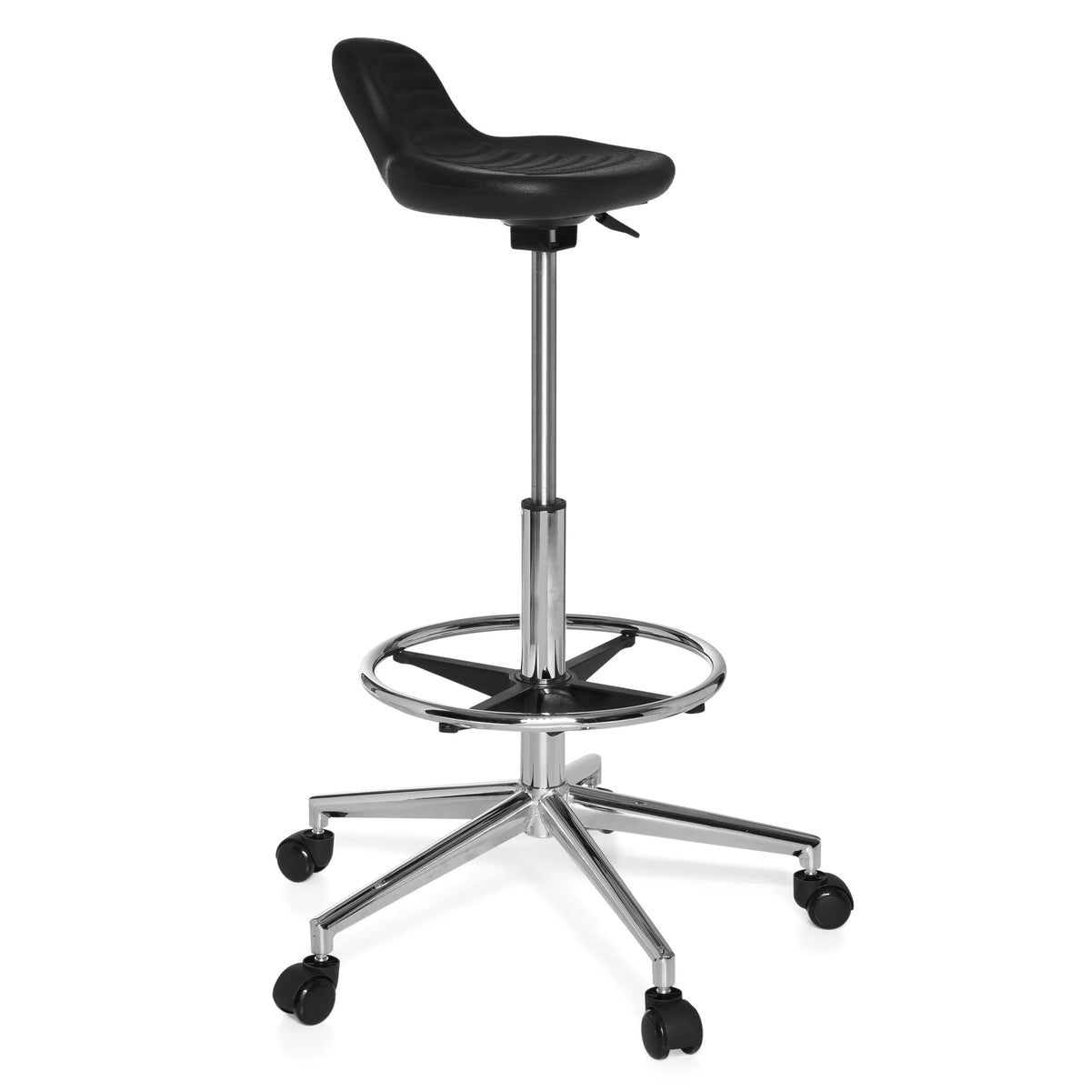 Zwarte Draaikruk TOP WORK 03 met voetring en vijfpoot met zwenkwielen van hjh OFFICE – 360-gradenweergave (schuin vooraanzicht 60°)