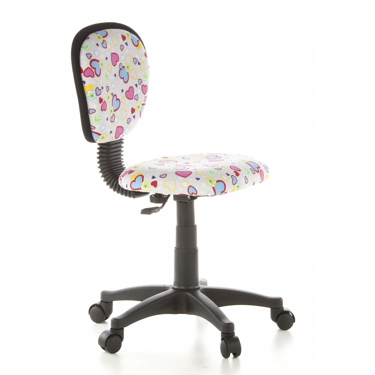 Kinder bureaustoel KIDDY TOP met kleurrijk hart- en bloemenpatroon en vijfpoot met zwenkwielen van hjh OFFICE – 360-gradenweergave (schuin vooraanzicht 60°)
