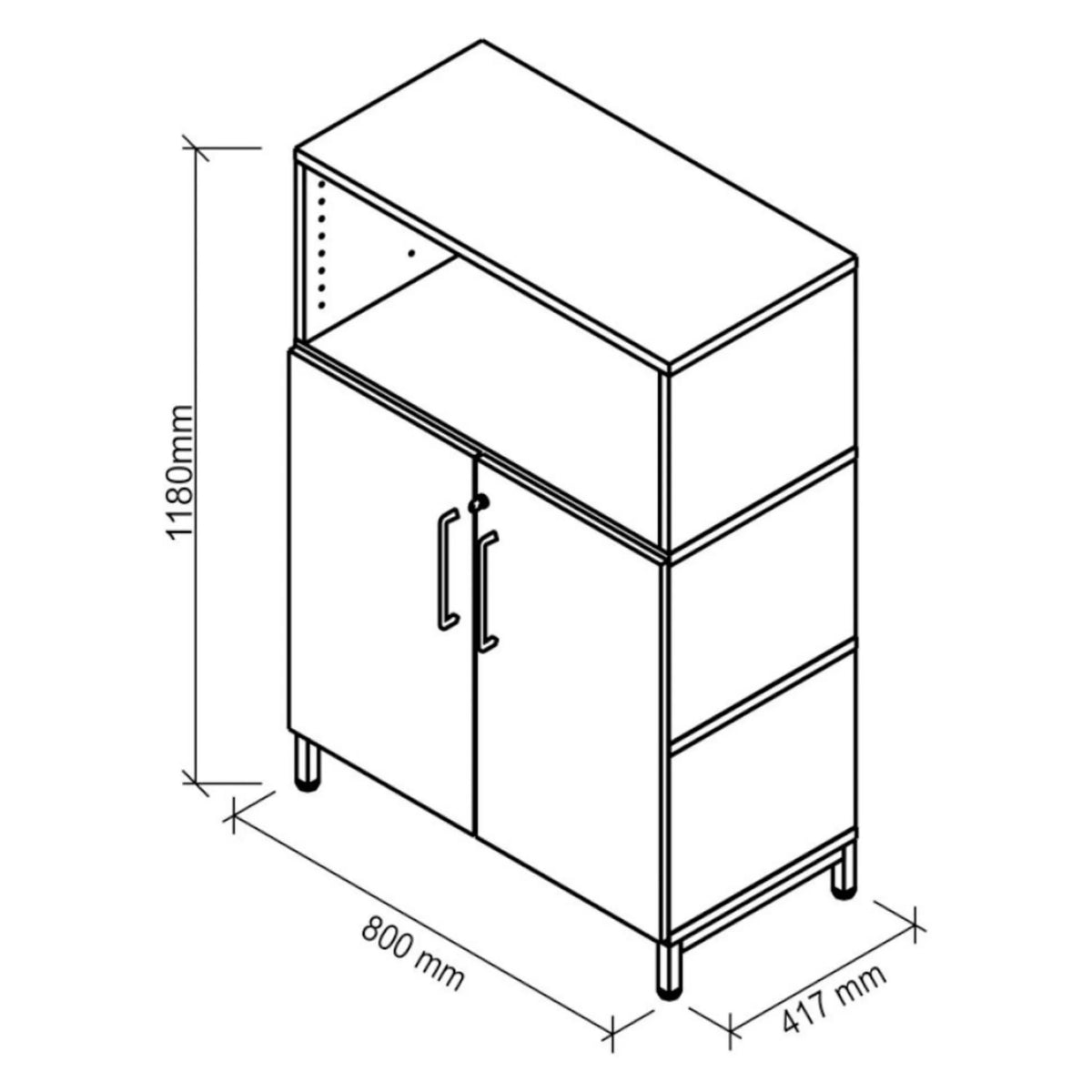 Technische tekening van de kast FlexWall met 1180 × 800 mm van hjh OFFICE PRO