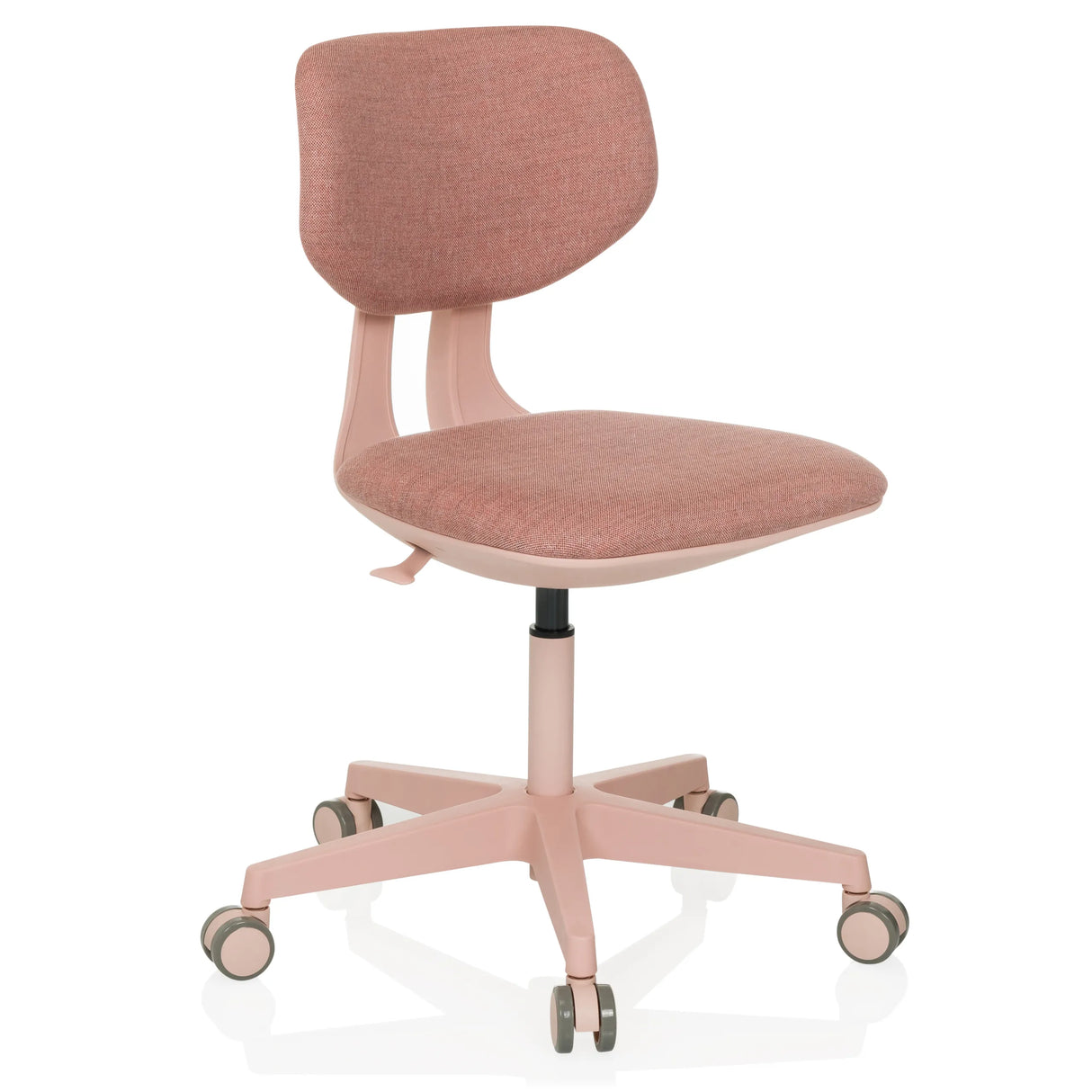 Roze Kinder bureaustoel KID COLORE met gevoerde vlakken en vijfpoot met wieltjes van hjh OFFICE – 360-gradenweergave (schuin vooraanzicht 30°)