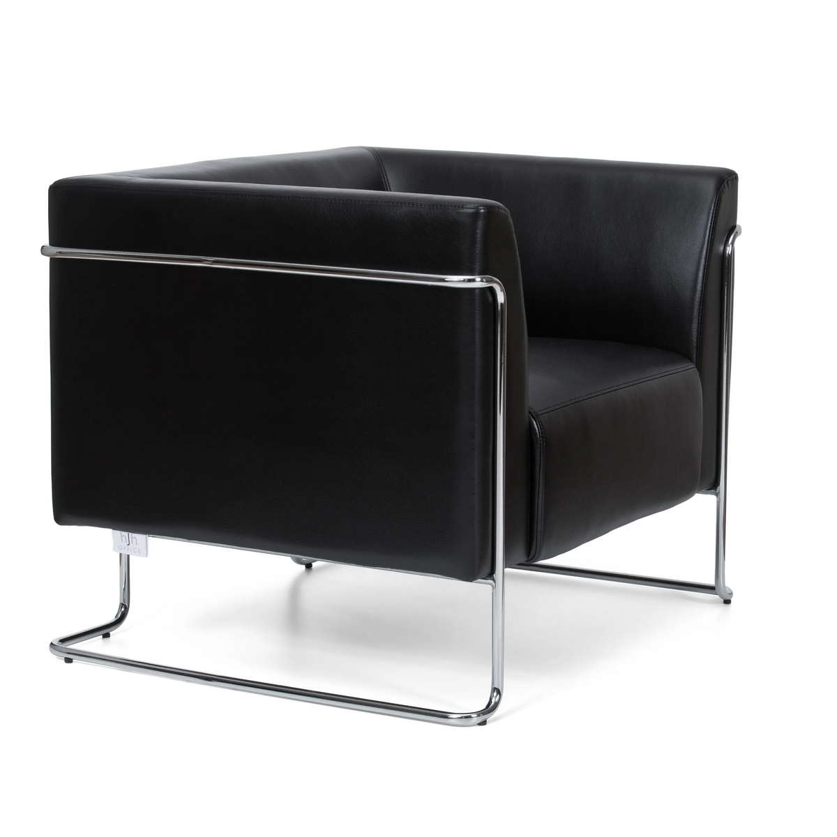 Zwarte gestoffeerde fauteuil CURACAO met verchroomd buizenframe van hjh OFFICE – 360-gradenweergave (schuin vooraanzicht 60°)