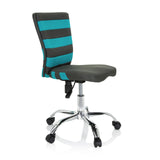 Grijze KIDDY COMFORT I kinder bureaustoel met turquoise strepen in de netrugleuning en een vijfsterrenvoet met wieltjes van hjh OFFICE – 360-gradenweergave (schuin vooraanzicht 60°)