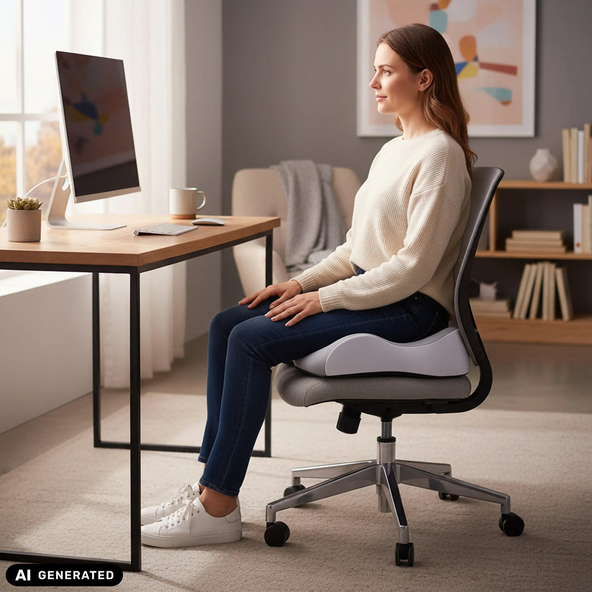 Grijs MEDISIT IV zitkussen op een bureaustoel van hjh OFFICE (AI-gegenereerde afbeelding)